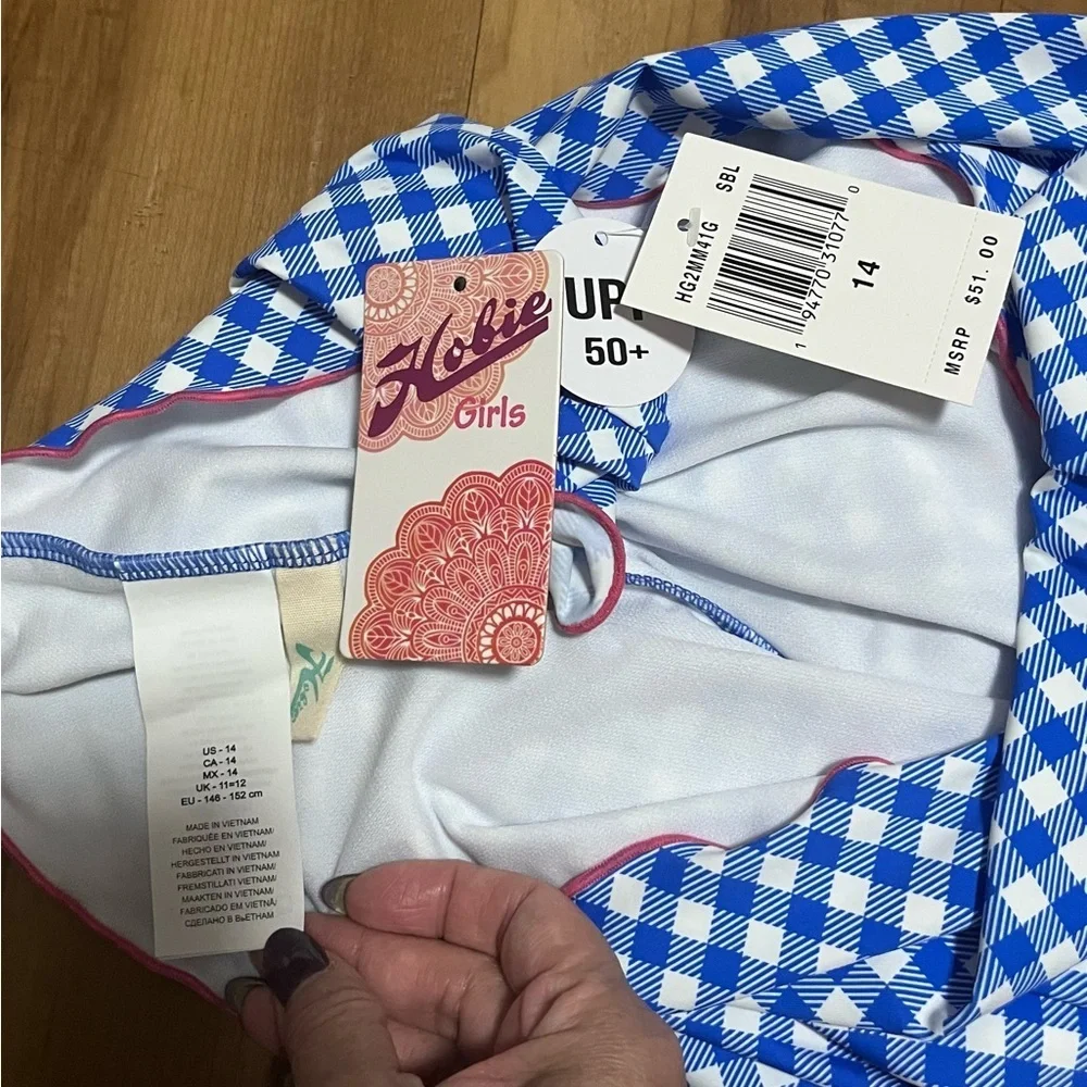 Hobie Girls Blue Gingham Rash Guard Bikini Set UPF 50+ Size 14 NWT